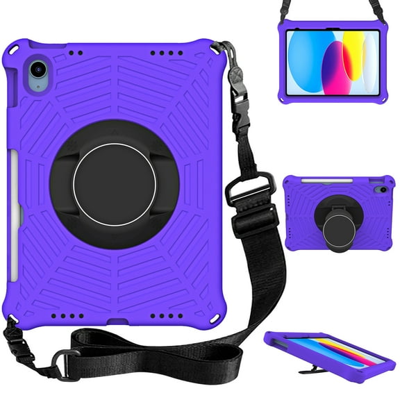 Allytech Case for iPad 10th Gen 10.9 Inch 2022, Heavy Duty Silicone Protective Cover with Pen Holder + Adjustable Stand + Removable Shoulder Crossing Strap for iPad 10.9" A2696/A2757/A2777, Purple