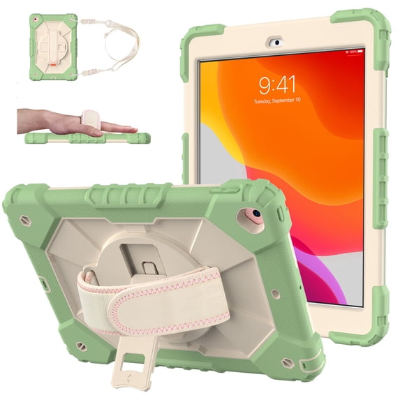 Allytech Case for iPad 8th/7th Gen 2020/2019, iPad 10.2 2020/2019 Cover with 360°Rotating Kickstand, Heavy Duty Rugged Hybrid Shockproof Pencil Slot Case with Hand/Shoulder Strap, Matcha Green