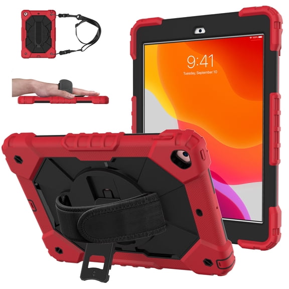 Allytech Case for iPad 8th/7th Gen 2020/2019, iPad 10.2 2020/2019 Cover with 360°Rotating Kickstand, Heavy Duty Rugged Hybrid Shockproof Pencil Slot Case with Hand/Shoulder Strap, Red Black