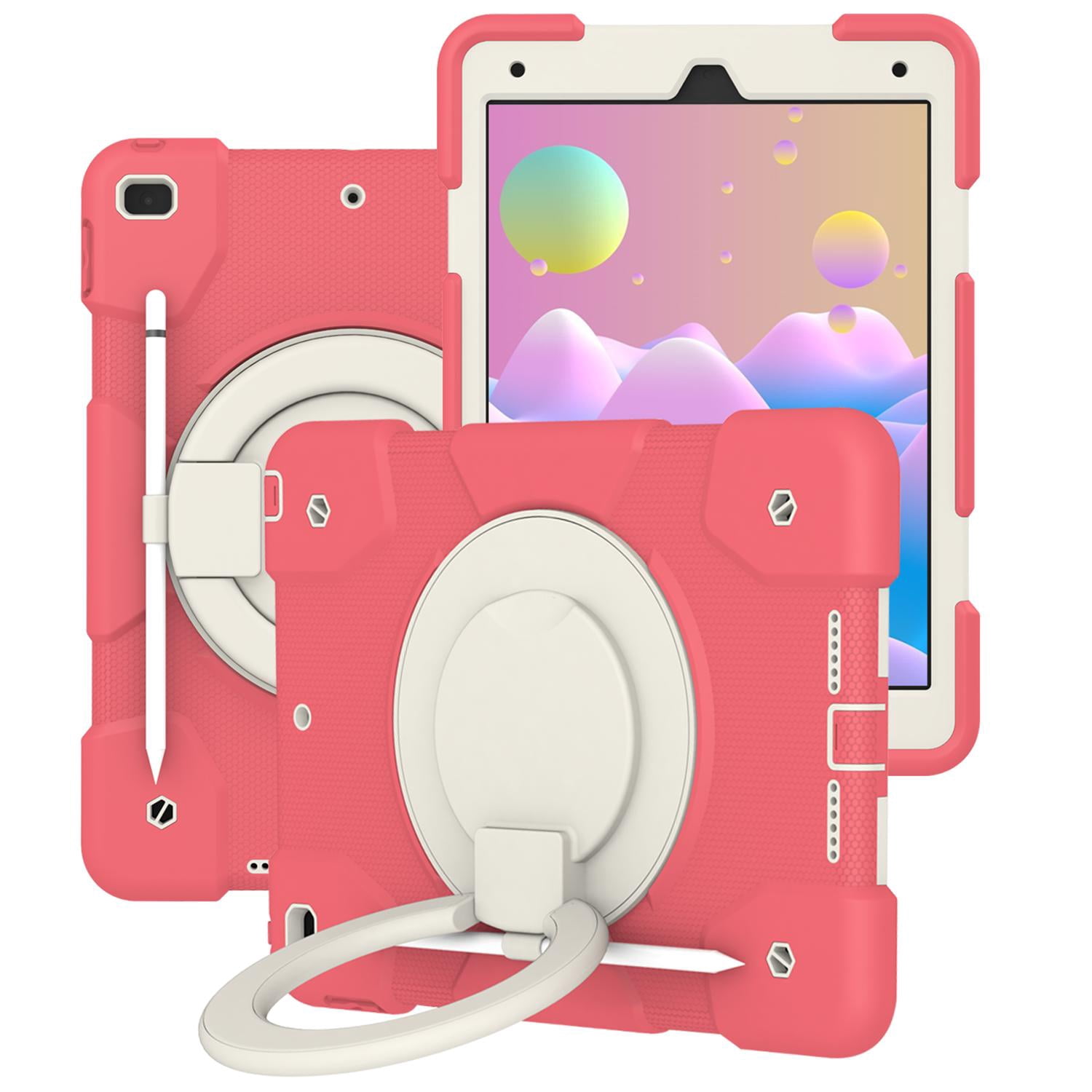 Allytech Case for iPad 9th/8th/7th Generation 10.2", Kids Case with 360° Rotating Folding Ring, Pencil Holder, Strap Drop-Proof Case for iPad 9/8/7 Gen 2021/2020/2019, Begonia Red