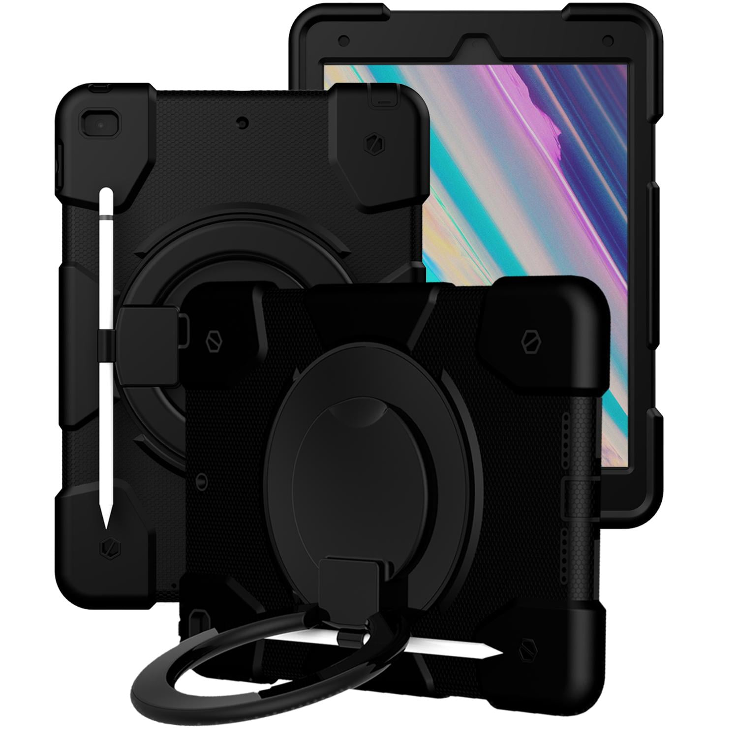 Allytech Case for iPad 9th/8th/7th Generation 10.2", Kids Case with 360° Rotating Folding Ring, Pencil Holder, Strap Drop-Proof Case for iPad 9/8/7 Gen 2021/2020/2019, Black