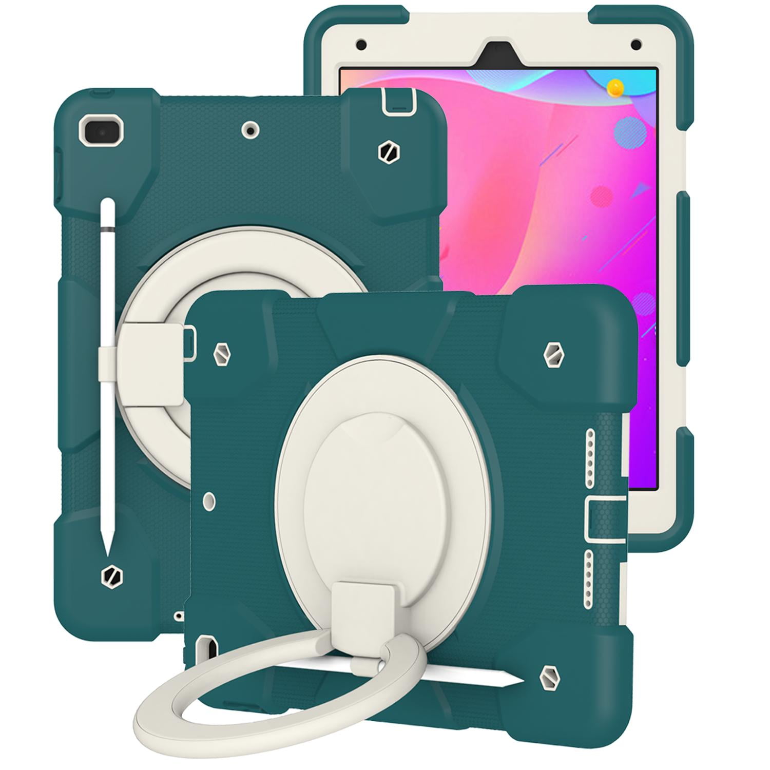Allytech Case for iPad 9th/8th/7th Generation 10.2", Kids Case with 360° Rotating Folding Ring, Pencil Holder, Strap Drop-Proof Case for iPad 9/8/7 Gen 2021/2020/2019, Blackish Green