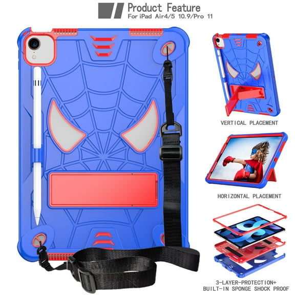 Allytech Case for iPad Air 11 inch 2024/iPad Pro 11" 4th/3rd/2nd/1st Gen, Rugged Case with Hidden Kickstand & Adjustable Shoulder Strap, Silicon Edges Shockproof Case, Fit iPad Air 4/5 - Blue+Red
