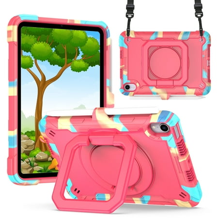 Allytech Case for iPad Mini 6 8.3" 2021, iPad Mini 6th Gen Case for Kids, Hard PC + TPU Hybrid Shockproof 360 Rotatable Grip Handle Foldable Stand Shoulder Strap Cover with Pen Holder, Colorful Rose