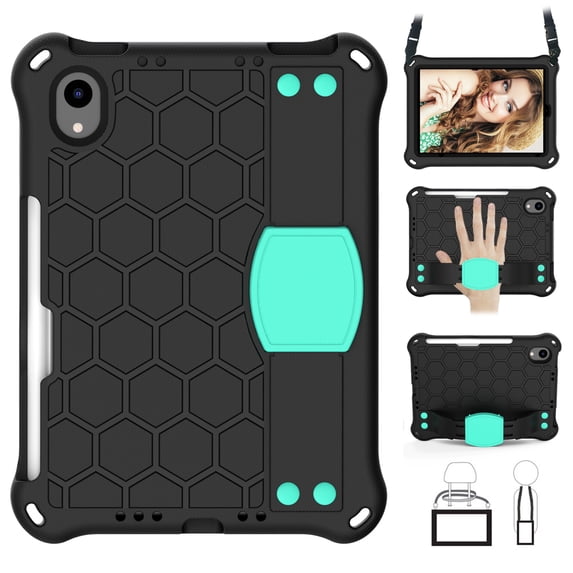 Allytech Case for iPad Mini 6 Cover with Pencil Holder, Shockproof Slim EVA Back Handle kickstand Cover with Shoulder Strap Anti-Scratch Kidsproof Case for iPad Mini 6th Gen 8.2 inch 2021, Black Mint