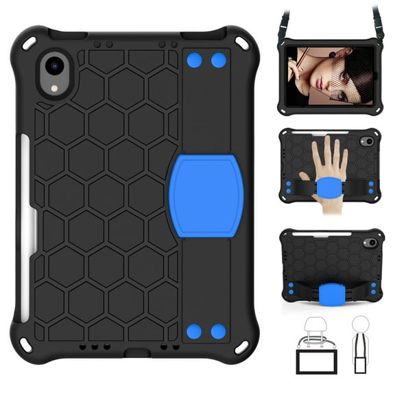 Allytech Case for iPad Mini 6 Cover with Pencil Holder, Shockproof Slim EVA Back Handle kickstand Cover with Shoulder Strap Anti-Scratch Kidsproof Case for iPad Mini 6th Gen 8.2 inch 2021, Black Blue