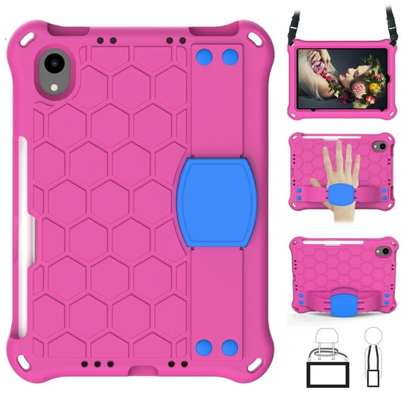 Allytech Case for iPad Mini 6 Cover with Pencil Holder, Shockproof Slim EVA Back Handle kickstand Cover with Shoulder Strap Anti-Scratch Kidsproof Case for iPad Mini 6th Gen 8.2 inch 2021, Rose Blue