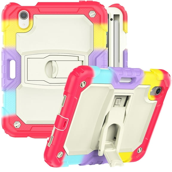 Allytech Case for iPad Mini 6th Gen 2021(8.3 inch), iPad Mini 6 Case with Pencil Holder, Rugged Kickstand Hard Plastic and Soft Silicone Shock Resistant Kidsproof Case with Shoulder Strap,Colorful Red