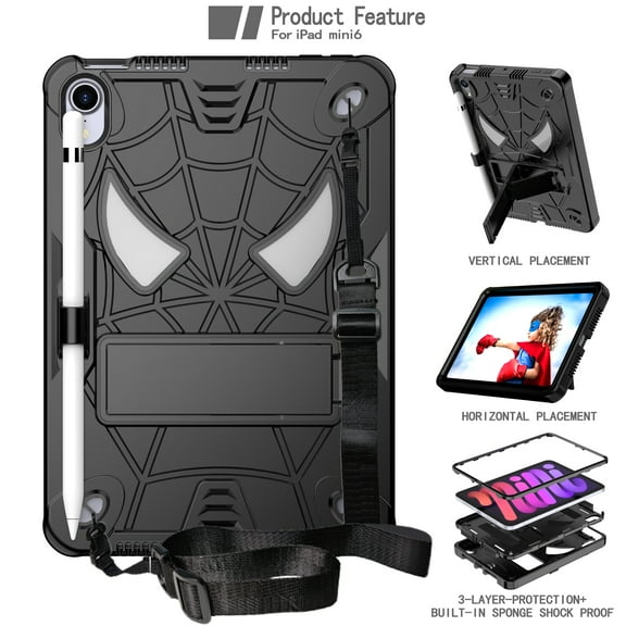 Allytech Case for iPad mini 6th Generation 8.3" 2021, Rugged Case with Hidden Kickstand & Adjustable Shoulder Strap, Thickned Silicon Edges Shockproof Case - Black