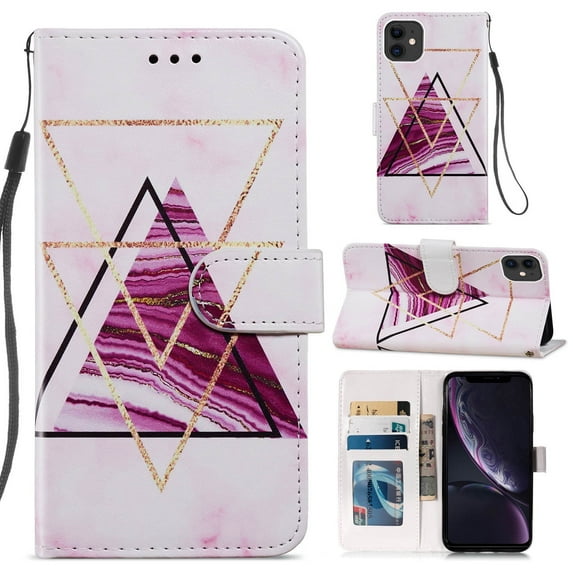 Allytech Case for iPhone 11 6.1" 2019, Premium PU Leather Folio Flip Stand Anti-Scratch Magnetic Snap Detachable Wrist Strap Card/Cash Slots Wallet Case for iPhone 11 2019, Triangle Marble