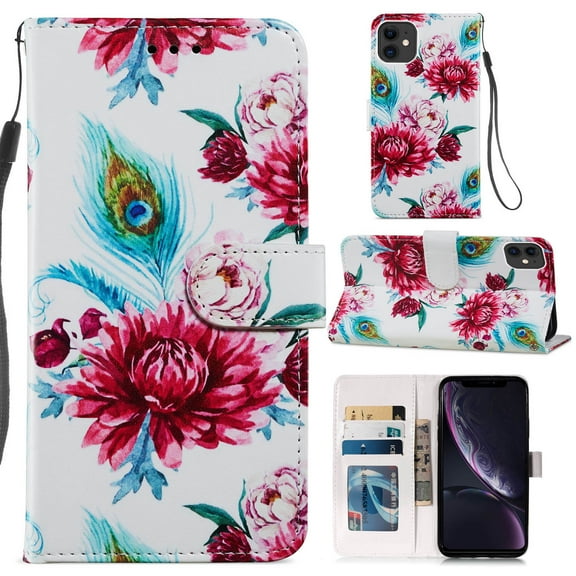 Allytech Case for iPhone 11 6.1" 2019, Premium PU Leather Folio Flip Stand Anti-Scratch Magnetic Snap Detachable Wrist Strap Card/Cash Slots Wallet Case for iPhone 11 2019, Peacock Flower