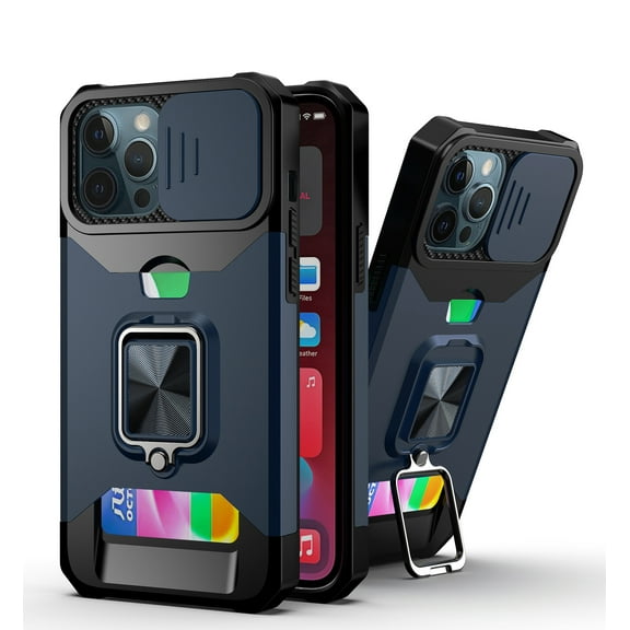 Allytech Case for iPhone 12 6.1" 2020, iPhone 12 Case with [1 Card Holder], Camera Lens Slide Cover + Ring Holder Kickstand + Anti-Scratch Shockproof PC and TPU Cover for iPhone 12/12 Pro, Navy