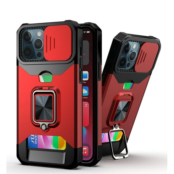 Allytech Case for iPhone 12 6.1" 2020, iPhone 12 Case with [1 Card Holder], Camera Lens Slide Cover + Ring Holder Kickstand + Anti-Scratch Shockproof PC and TPU Cover for iPhone 12/12 Pro, Red
