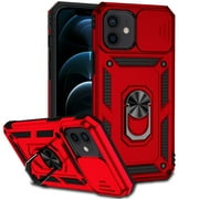 Allytech Case for iPhone 12 Mini 5.4", 360°Rotation Magnetic Metal Finger Ring Holder Magnetic Card Holder Inner Silicone+Hard PC Sliding Camera Protective Case for iPhone 12 Mini 2020, Red