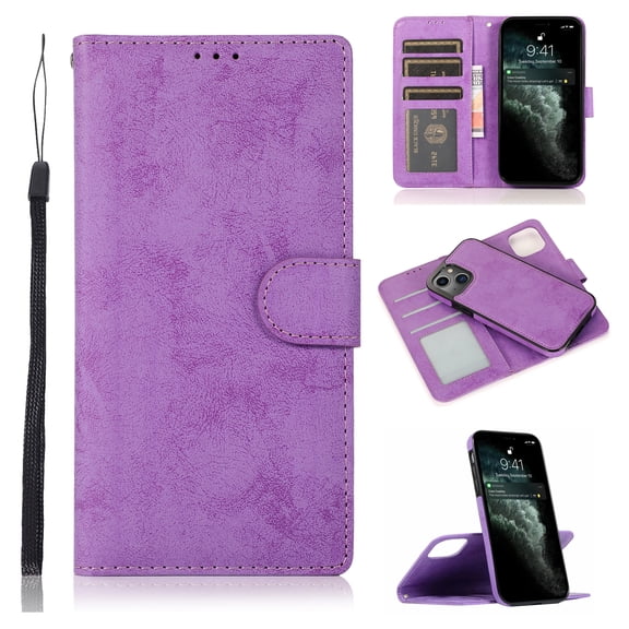 Allytech Case for iPhone 13 2021, 2-in-1 Magnetic Detachable Wallet Folio Vegan PU Leather Protective Card/Cash Slot Folding Stand Cover with Hand Rope for iPhone 13 5G 6.1" 2021, Purple