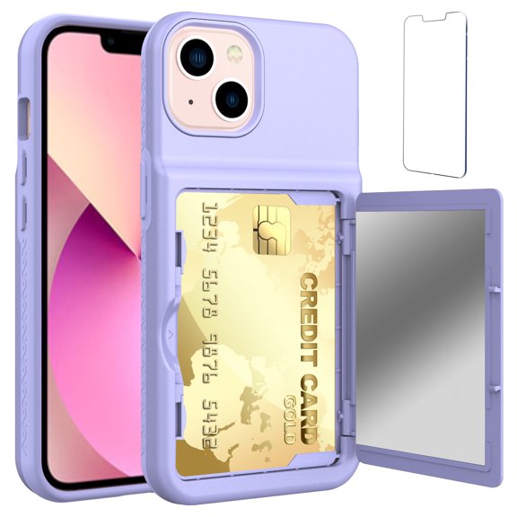 Allytech Case for iPhone 13 5G 6.1" Cover with Credit Card Holder ID Slot, Dual Layer Anti-Scratch Back Card Pockets Skin Cover with HD Tempered Glass Screen Protector for iPhone 13 2021, Lightpurple