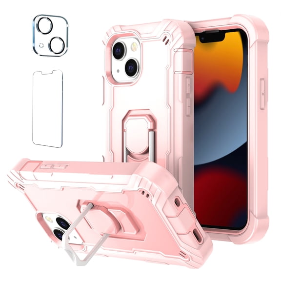 Allytech Case for iPhone 13 6.1"(2021), iPhone 13 Cover with Glass Screen Protector & Camera Lens Protector, Slim Hybrid Rugged Ring Holder Kickstand Drop Proof Full Protective Case, Rosegold