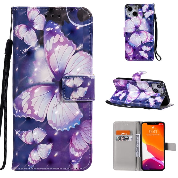 Allytech Case for iPhone 13 (6.1") 2021, PU Leather and TPU Hybrid Drop Proof Flip Phone Case with Hand Strap Card Slots/Cash Holder Adjustable Kickstand Case for iPhone 13 2021, Purple Butterfly