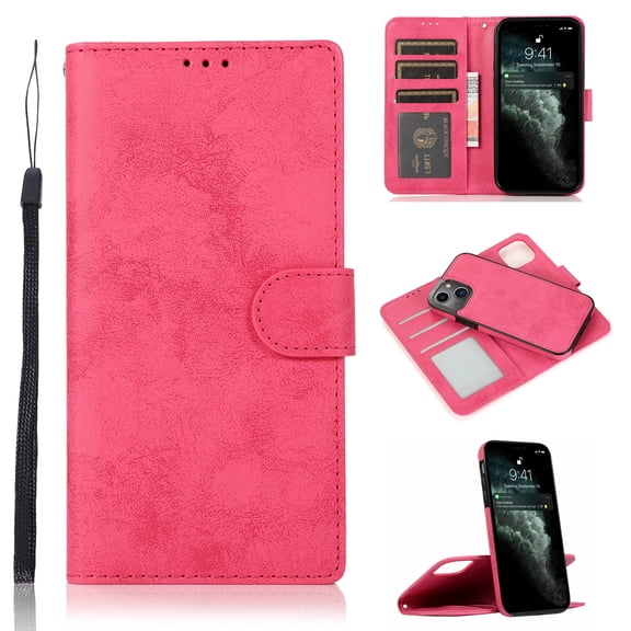 Allytech Case for iPhone 13 Mini 2021, 2-in-1 Magnetic Detachable Wallet Folio Vegan PU Leather Protective Card/Cash Slot Folding Stand Cover with Hand Rope for iPhone 13 Mini 5G 5.4" 2021, Rose