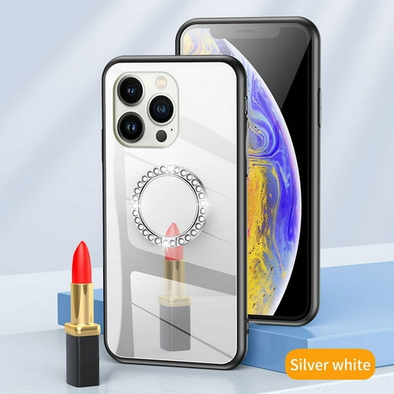 Allytech Case for iPhone 13 Pro 6.1 inch 2021 Cover for Women Girls, Makeup Mirror PC Case with Bling Glitter Rhinestone Rotatable Ring Holder Finger Grip Kickstand TPU Edges Case, Silver