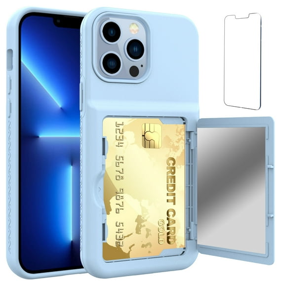 Allytech Case for iPhone 13 Pro Max Pro 5G 6.7" Cover with Credit Card Holder ID Slot, Dual Layer Anti-Scratch Back Card Pockets Cover with HD HD Tempered Glass Screen Protector, Blue