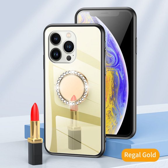 Allytech Case for iPhone 13 Pro Max 6.7 inch 2021 Cover for Women Girls, Makeup Mirror PC Case with Bling Glitter Rhinestone Rotatable Ring Holder Finger Grip Kickstand TPU Edges Case, Gold