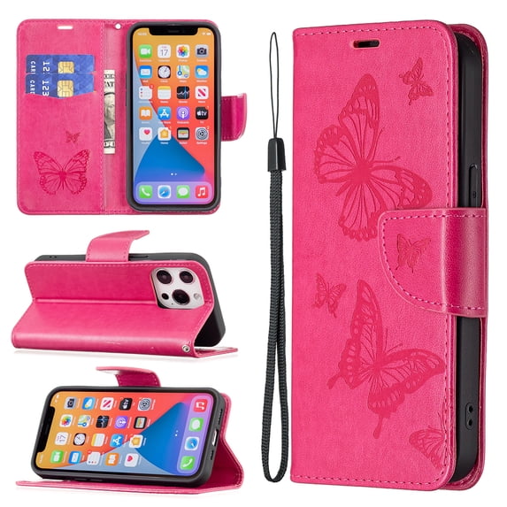 Allytech Case for iPhone 13 Pro Max Wallet Case with Card Slots, Embossed Butterfly PU Leather Folio Flip Stand Protective Magnetic Snap Case wtih Hand Strap for iPhone 13 Pro Max 6.7" 2021, Red