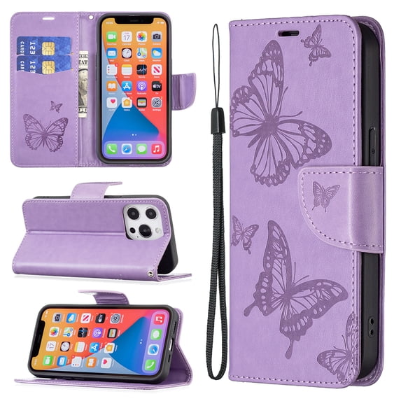 Allytech Case for iPhone 13 Pro Max Wallet Case with Card Slots, Embossed Butterfly PU Leather Folio Flip Stand Protective Magnetic Snap Case wtih Hand Strap for iPhone 13 Pro Max 6.7" 2021, Violet