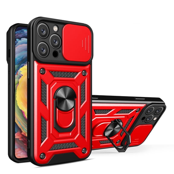 Allytech Case for iPhone 13 Pro Max, iPhone 13 Pro Max Case with Slide Lens Cover, [Rotated Ring Kickstand] Heavy Duty [Military Grade Protection] Silicone Shockproof Rugged Case - Red