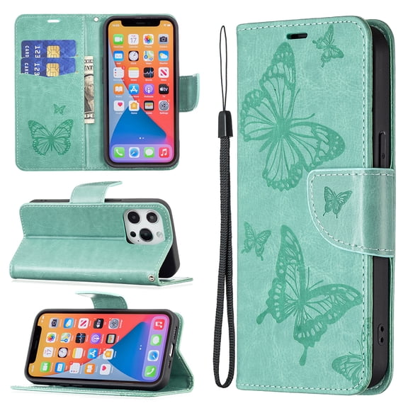 Allytech Case for iPhone 13 Wallet Case with Card Slots, Embossed Butterfly PU Leather Folio Flip Stand Protective Magnetic Snap Case wtih Hand Strap for iPhone 13 6.1" 2021, Green