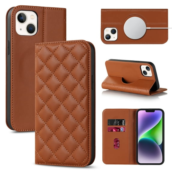 Allytech Case for iPhone 14 Compatible with MagSafe Wireless Charging, Shockproof Full Protective Flip Folio Wallet Case with RFID Blocking Card Slots PU Leather Stand Magnetic Cover, Brown