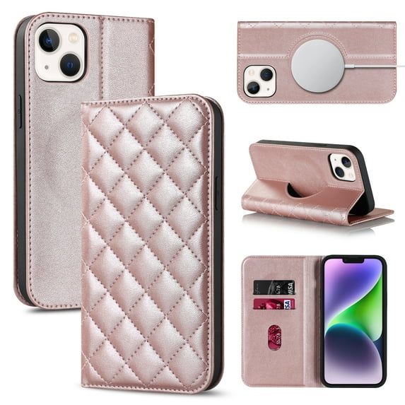 Allytech Case for iPhone 14 Plus Compatible with MagSafe Wireless Charging, Shockproof Full Protective Flip Folio Wallet Case with RFID Blocking Card Slots PU Leather Stand Magnetic Cover, Rosegold