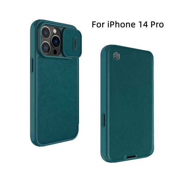 Allytech Case for iPhone 14 Pro (6.1" 2022), Heavy Duty Protective PC Backplane Anti-scratch Lens Slide Window Wireless Card Slots Kickstand Leather Surface Luxury Flip Folio Case, Green