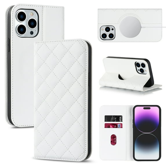Allytech Case for iPhone 14 Pro Max Compatible with MagSafe Wireless Charging, Shockproof Full Protective Flip Folio Wallet Case with RFID Blocking Card Slots PU Leather Stand Magnetic Cover, White