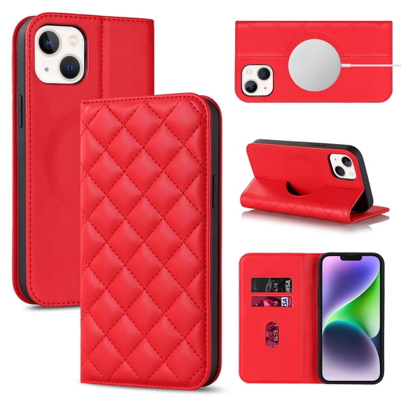 Allytech Case for iPhone 15 Compatible with MagSafe Wireless Charging, Shockproof Full Protective Flip Folio Wallet Case with RFID Blocking Card Slots PU Leather Stand Magnetic Cover, Red