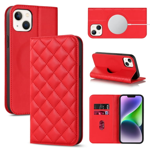 Allytech Case for iPhone 15 Plus Compatible with MagSafe Wireless Charging, Shockproof Full Protective Flip Folio Wallet Case with RFID Blocking Card Slots PU Leather Stand Magnetic Cover, Red