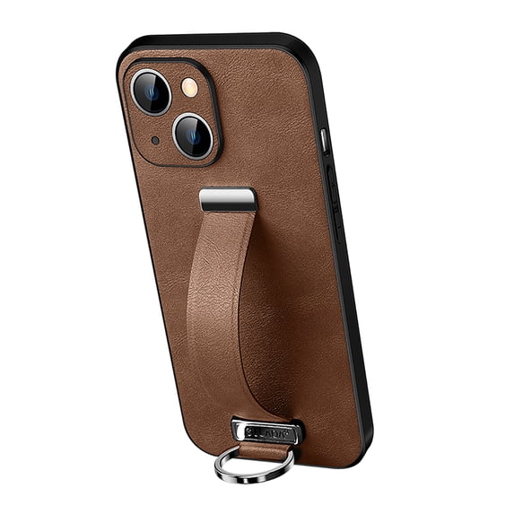 Allytech Case for iPhone 15 with Wristband & Ring Holder, Luxury PU Leather Screen Lens Protection Shockproof Anti-Scratch Slim Cover Case for Women Men - Brown