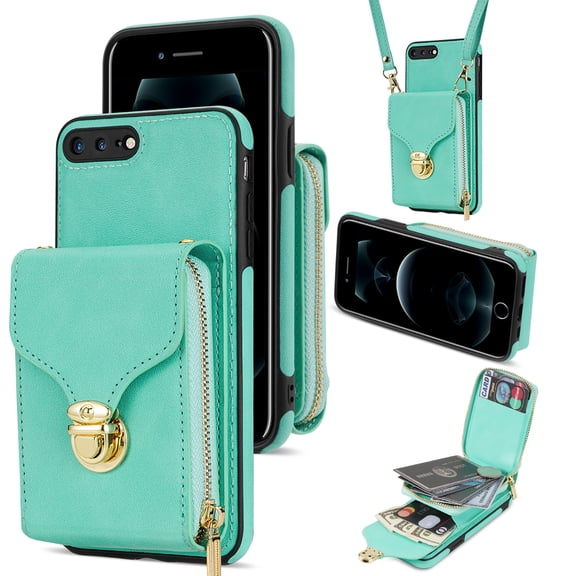 Allytech Case for iPhone 7 / 8 / SE 2022 & 2020, [Large Capacity] Wallet Case with Card Slots & Zipper Pocket, Premium PU Leather Metal Snap Kickstand Shockproof Case with Shoulder Strap, Mint