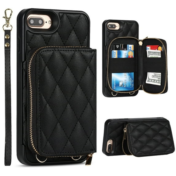 Allytech Case for iPhone 8 Plus/7 Plus,Vintage Magnetic Leather Detachable Card Slots Wallet Bag Case Kicstand Cover with Hand/Shoulder Strap For iPhone 8 Plus/7 Plus,Black