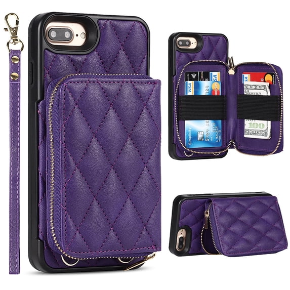 Allytech Case for iPhone 8 Plus/7 Plus,Vintage Magnetic Leather Detachable Card Slots Wallet Bag Case Kicstand Cover with Hand/Shoulder Strap For iPhone 8 Plus/7 Plus,Purple