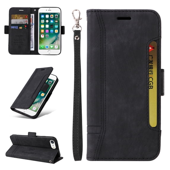 Allytech Case for iPhone 8 Plus/iPhone 7 Plus,PU Leather Wallet Cover with ID Credit Card Slots,Magnetic Buckle Flip Stand Shock Absorption Protective Phone Case + Wrist Strap,Black