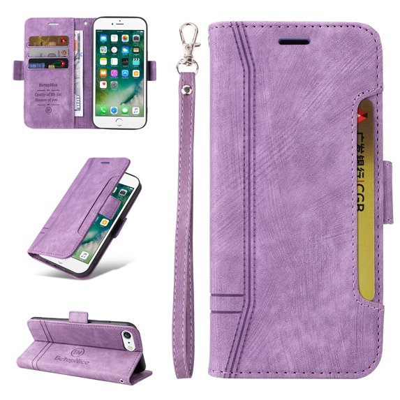 Allytech Case for iPhone 8 Plus/iPhone 7 Plus,PU Leather Wallet Cover with ID Credit Card Slots,Magnetic Buckle Flip Stand Shock Absorption Protective Phone Case + Wrist Strap,Purple