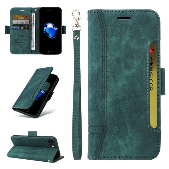 Allytech Case for iPhone SE 2022/SE 2020/8/7 (4.7 inch) ,PU Leather Wallet Cover with ID Credit Card Slots,Magnetic Buckle Flip Stand Shock Absorption Protective Phone Case + Wrist Strap,Green