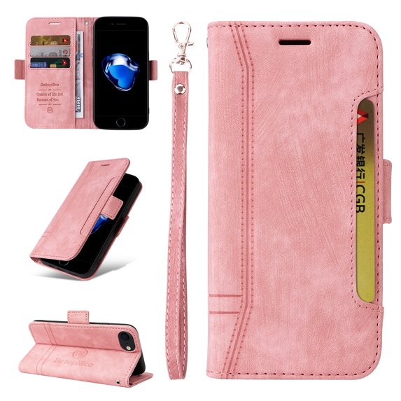 Allytech Case for iPhone SE 2022/SE 2020/8/7 (4.7 inch) ,PU Leather Wallet Cover with ID Credit Card Slots,Magnetic Buckle Flip Stand Shock Absorption Protective Phone Case + Wrist Strap,Pink