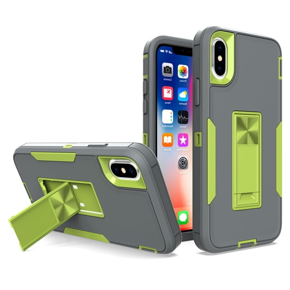 Allytech Case for iPhone X 2017/iPhone XS 2018 5.8", TPU + PC Hybrid Shockproof Cover with Magnetic Car Mount Flip Kickstand Non-Slip Rugged Case for iPhone XS/ iPhone X, Gray+Green