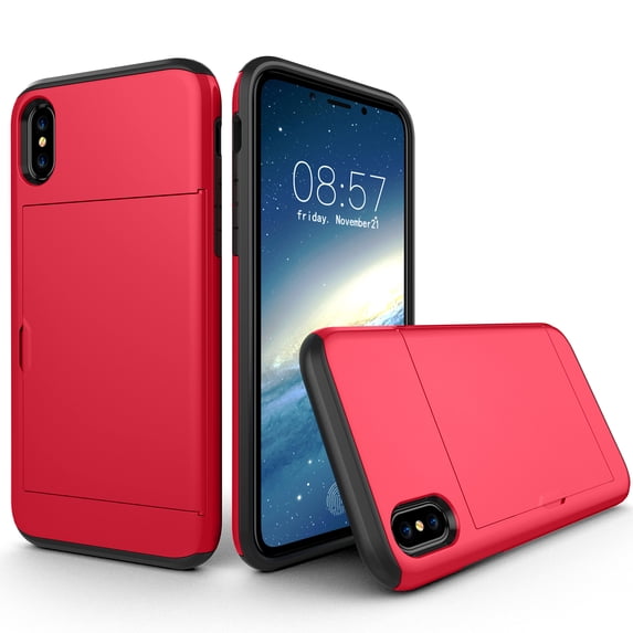 Allytech Case for iPhone XR Case Hybrid iPhone XR Wallet Case Dual Layer Protective Shell Hard PC Soft TPU Bumper Credit Cards Slot Cover for 2018 Apple iPhone XR 6.1"- Red