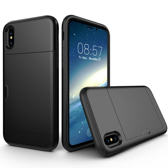 Allytech Case for iPhone XR Case Hybrid iPhone XR Wallet Case Dual Layer Protective Shell Hard PC Soft TPU Bumper Credit Cards Slot Cover for 2018 Apple iPhone XR 6.1"- Black