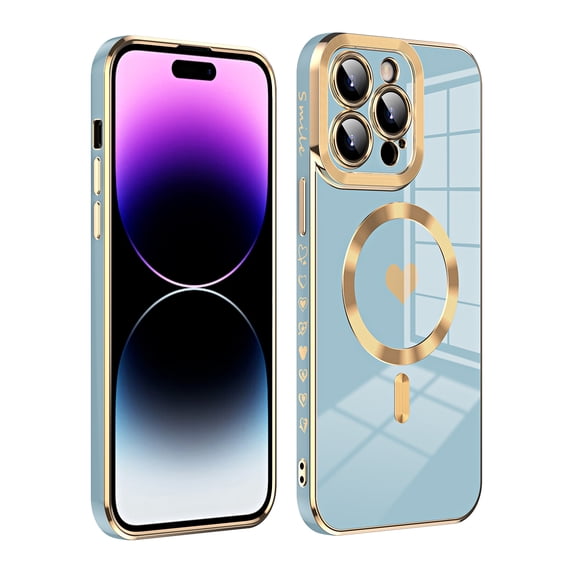 Allytech Chic Case Cover for Apple iPhone 13 6.7", Magnetic Compatible Case for Girls Women Luxury Plating Love Heart Design Shockproof Bumper Cover - Blue