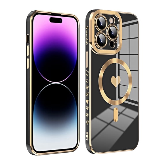 Allytech Chic Case Cover for Apple iPhone 14 Plus 6.7", Magnetic Compatible Case for Girls Women Luxury Plating Love Heart Design Shockproof Bumper Cover - Black