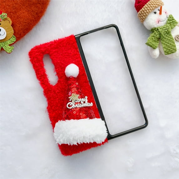 Allytech Christmas Phone Cover for Galaxy Z Fold 3, Warm Plush Furry Fuzzy Merry Christmas Hat Back Slim Cute Winter Shockproof Case Cover for Samsung Galaxy Z Fold 3 5G for Kids Girls Women, Red